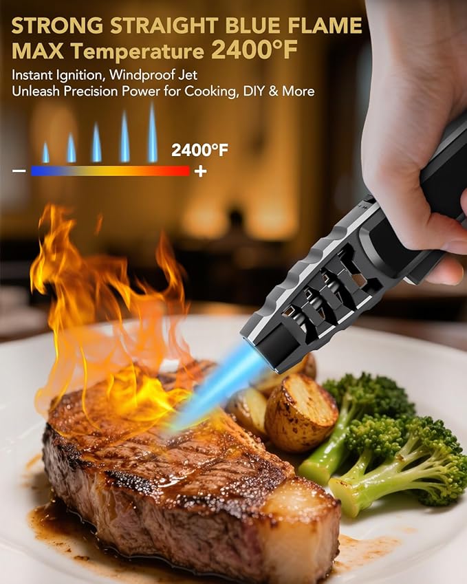 TBTeek Butane Torch Lighter - Adjustable Jet Flame Lighter, Blow Torch, Refillable Bright Fire Torch, Cooking Torch with Safety Lock for Kitchen, BBQ, Baking, Candle, Camping, Black (Gas Not Included)