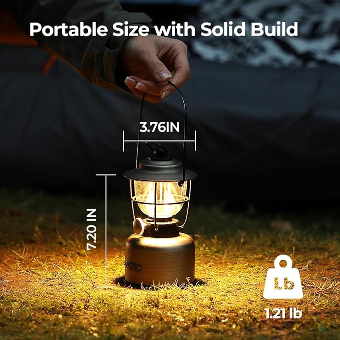 BougeRV VL01 Camping Lantern, Stepless Dimming LED Light, Tungsten Filament Glow, Rechargeable Vintage Lantern, IPX5 Portable Hanging Lamp for Camping, Hiking, Power Outage, Adventure, Emergency Use