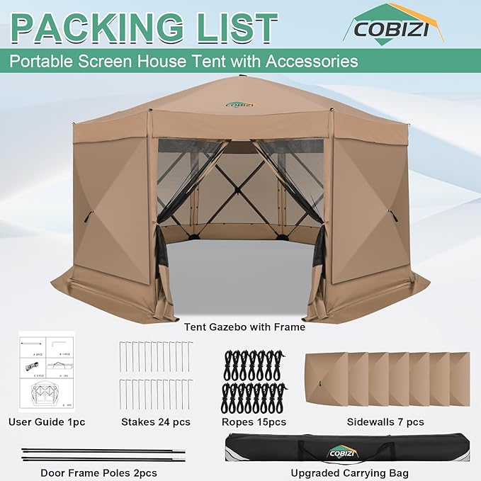 COBIZI 15x15ft Extra Large Pop Up Gazebo Canopy Tent with Mosquito Netting, Spacious Easy Set-Up Screened Shelter, Durable Outdoor Pavilion with Ground Stakes, Perfect for Patio, Backyard, Khaki