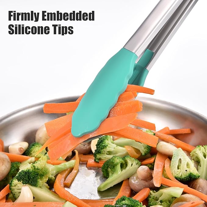 Doosu Kitchen Tongs for Cooking - 600°F Heat Resistant Food Tong with Non-Scratch Silicone Tips, Heavy Duty Stainless Steel Locking Tong for BBQ, Grilling Steak, Serving Salad, Pasta (12in, Aqua Sky)