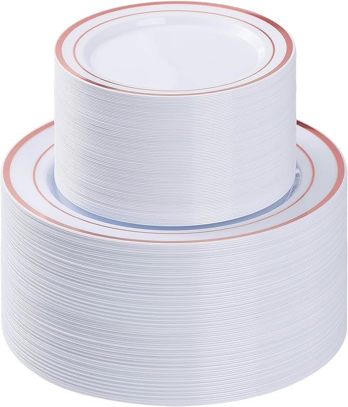 200PCS Rose Gold Plastic Plate, Disposable Party Plates with 100 Dinner Plates and 100 Dessert Plates, Plastic Plates for Party, Wedding and Birthday