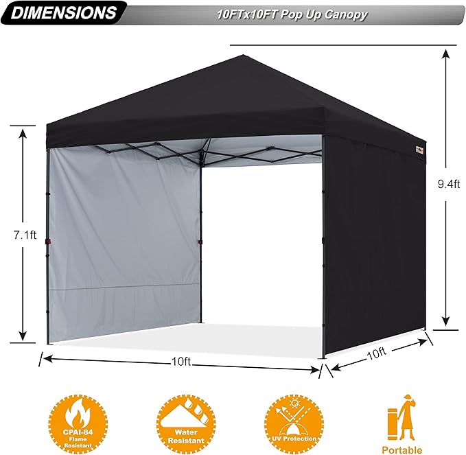 ABCCANOPY Easy Pop up Canopy Tent with 2 Sidewalls for Outdoor Sun Blocking or Rain Protection,10x10, Black