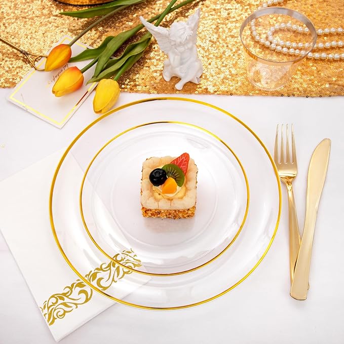 NOCCUR 350PCS Clear and Gold Plastic Plates - Gold Disposable Plastic Dinnerware Set for 50 Guests Include 100 Plastic Plates, 150 Gold Cutlery, 50 Cups&50 Napkins Idea for Wedding&Party