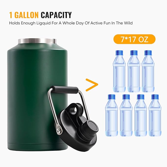 Kerilyn Insulated Jug with Handle, One Gallon, 128oz Stainless Steel, Large Double Vacuum Water Bottle for Hot & Cold Drinks, Wide Mouth, Sweat Proof, Great for Travel, Hiking & Camping, Green