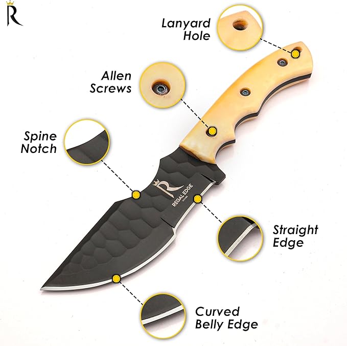 Fixed Blade Knife – 10” Handmade Tracker Hunting Blade with Camel Bone Handle & Leather Sheath, Full Tang 1095C High Carbon Steel Survival Knife for Camping, Hunting & Outdoor Use