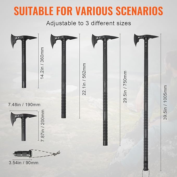 VEVOR Survival Shovel Survival Axe, 28-in-1 Camping Folding Shovels with Hatchet, Stainless Steel Tactical Shovel Hatchet Combo, Multifunctional Emergency Survival Gear Equipment for Camping Hiking