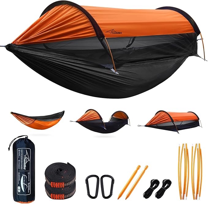Camping Hammock Tent with Mosquito Net and Sunshade, Extra Large for 2 Person, Lightweight Hanging Hammocks Tree Straps, Bivvy Ground Tent for Outside, Hiking, and Travel