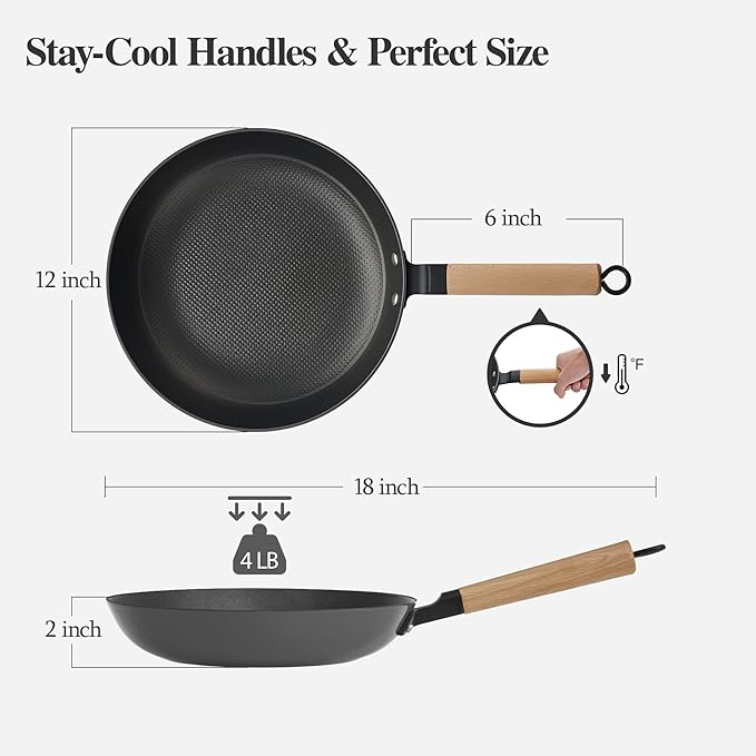 YUTANN 12 Inch Non-stick Frying Pan,Pre-seasoned Cast Iron Skillet with Detachable Wooden Handle,Lightweight,Dishwasher Oven Safe (500°F)