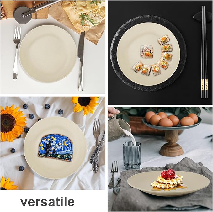 Wheat Straw Dinner Plates 9 Inch Unbreakable Set of 8 - Dishwasher & Microwave Safe Plastic Plates Reusable - Lightweight Plates for kitchen,camping,salad,appetizer - Beige