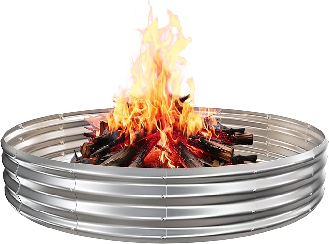 6FT Diameter Camp Fire Ring Pit, Large Round Galvanized Steel Fire Pit, Heavy Duty Steel Fire Pit Silver for Backyard, Camping, Bonfire (6x6x1FT)