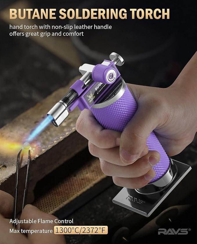 RAVS Butane Torch, 2 Flame Mode Soldering Torches, Kitchen Torch with Adjustable Flame, Industrial Soldering Torches for DIY, Brazing, Welding, Resin Art, Purple Mini Torch, Butane not Include