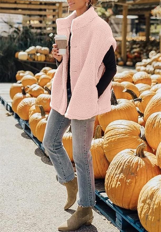 Hongqizo Womens Fuzzy Fleece Vest Casual Oversized Warm Button Down Sherpa Vest Jacket with Pockets