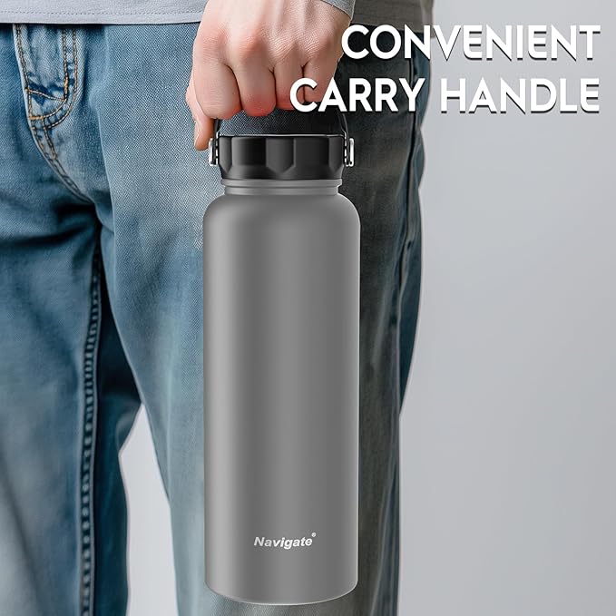 Navigate 40 oz Insulated Stainless Steel Sports Water Bottle with Spout & Handle Lids,Wide Mouth Water Jug with Double Walled Leak Proof Keep Cold for 24 Hrs Hot for 12 Hrs,Grey