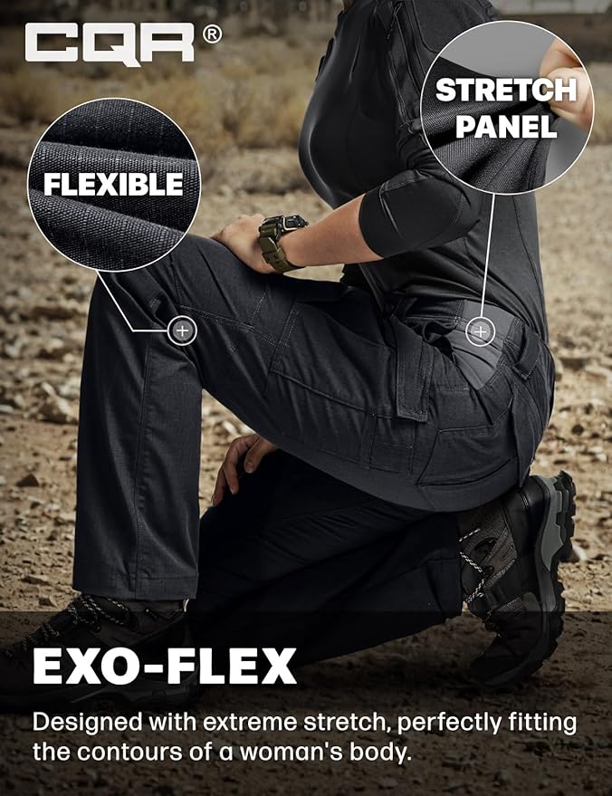 CQR Women's Flex Stretch Tactical Pants, Water Resistant Ripstop Cargo Work Pants with Pockets for Outdoor & Hiking