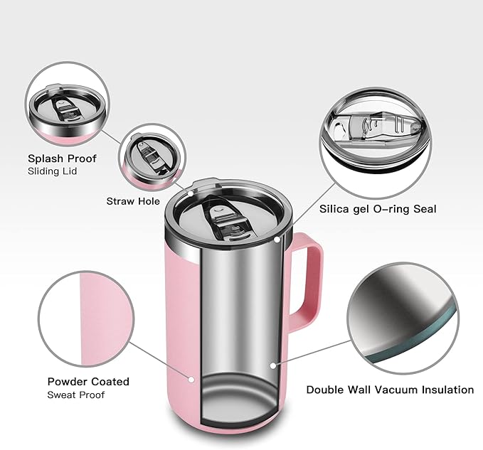 KXIAOCHEN 20oz Insulated Coffee Mug with Lid, Stainless Steel Coffee Cup, Double Wall Vacuum Coffee Tumbler with Handle, Premium Thermal Travel Coffee Mug (Pink)
