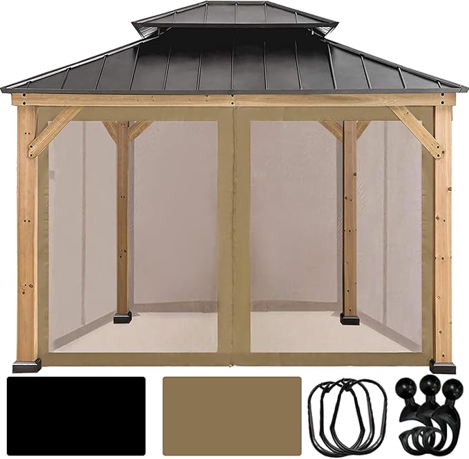 Coastshade Gazebo Canopy Mesh Walls Replacement 10x10 Gazebo Pergola Mosquito Screen Netting for Gazebos with 48Curtain Rings & 48Rail Hooks,Khaki
