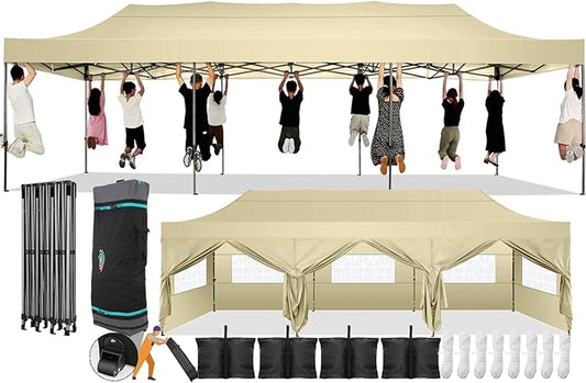 COBIZI 10x30 Pop Up Canopy with 8 Sidewall,Heavy Duty UPF 50+ All Season Wind Waterproof Commercial Outdoor Wedding Party Tents for Parties Canopy Gazebo with Roller Bag(10 x 30 ft Khaki)