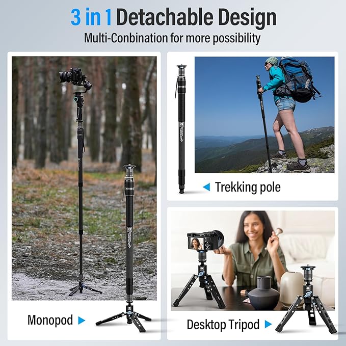 SIRUI SVM-165 Rapid Monopod for Cameras, 65” Carbon Fiber Monopod with Feet, One-Step Rapid Height Adjustment, Lightweight Travel Mono pod for DSLR Camera, Modular 3 in 1, Max Load 22lbs
