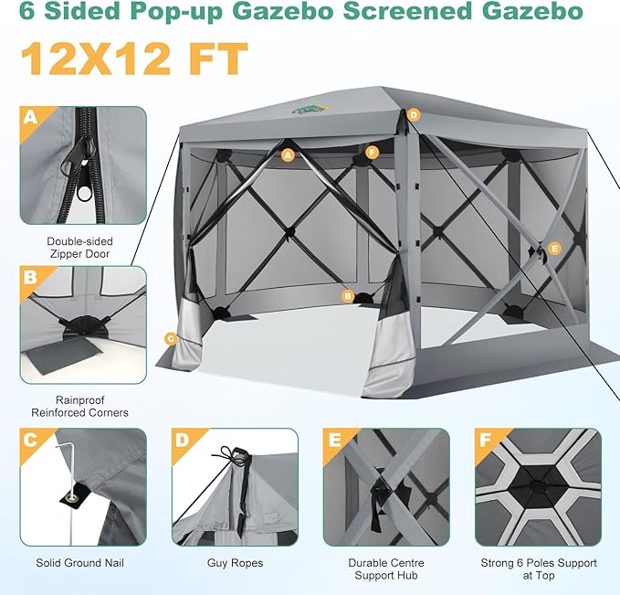COBIZI 12x12 Pop up Gazebo Screen House Tent for Camping, Outdoor Canopy with Removable Roof&Mosquito Netting, Portable Hub with Carrying Bag and Ground Stakes, Grey