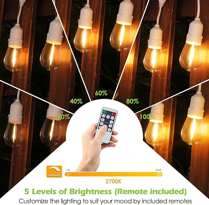 96FT(2 * 48FT) Outdoor String Lights with Remote, Dimmable Patio Lights with 30+4 3 Modes 4 Timers LED Bulbs for Deck Gazebo, White 2 Pack