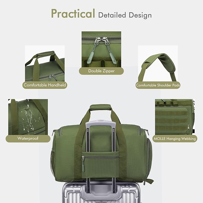BAGZY Tactical Gym Bags for Men 3 In 1 Travel Duffle Bag 40L with Shoe Compartment Travel Backpack Fitness Weekender Deployment with 1pcs Tactical Toiletry Bag Green