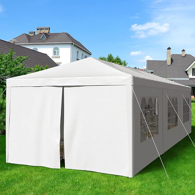 Greesum 10x30 Outdoor Canopy, Gazebo Shelter with 8 Side Removable Walls, Waterproof Shelter for Party Wedding BBQ Events, White