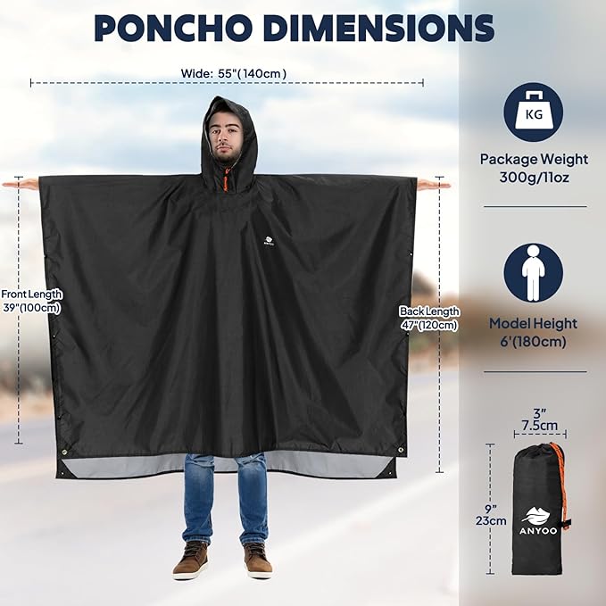 ANYOO Hooded Rain Poncho for Adults Waterproof Lightweight Rain Coat for Men Women Reusable Rain Jacket for Emergency Outdoor