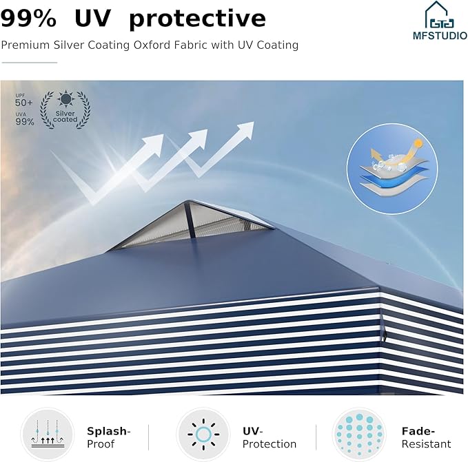 MFSTUDIO Pop Up Canopy Tent, 10x10 Outdoor Canopies One Push Setup Instant Portable Shelter Tens with Vented Top, Storage, 4 Sandbags, Beach Canopy, Blue White Stripe