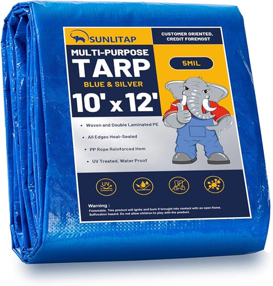 10x12Ft Tarp Cover 5 MIL Waterproof Poly Tarps, Light Duty Tarpaulin with Grommets, Reinforced Edges, Rip & Tear Proof, Multipurpose Finished Size Tarp for Cars, Boat, Roof, Camping - Blue