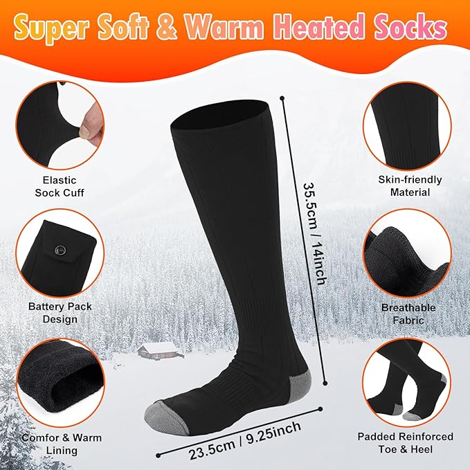Heated Socks for Men Women Warm Thermal 5V 5000mAh Unisex Electric Rechargeable Battery Heat Socks with 4 Heating Levels for Winter Outdoor Camping Motorcycle Skiing Foot Warmer