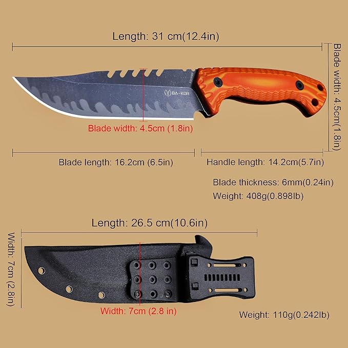 BA-KOR 12.4in Full Tang Fixed Blade Hunting Knife โ 6mm 9CR18MoV Steel, G10 Handle, Stonewashed Sawback Blade with Kydex Sheath & Fire Starter for Outdoor, Camping, Survival (Orange with light yellow stripes)