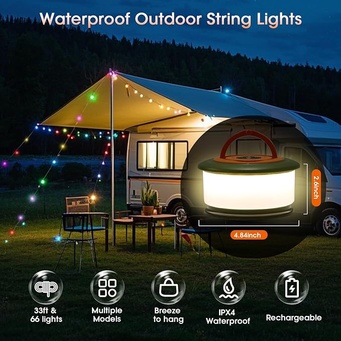 2 Pack Camping Lights String - 2 in 1 Upgraded 32.8ft Rechargeable 19 Lighting Modes Tent Lights for Camping, Quick Storage&Portable LED Lamp for Outdoor Patio Awning Garden Party Decor Essentials