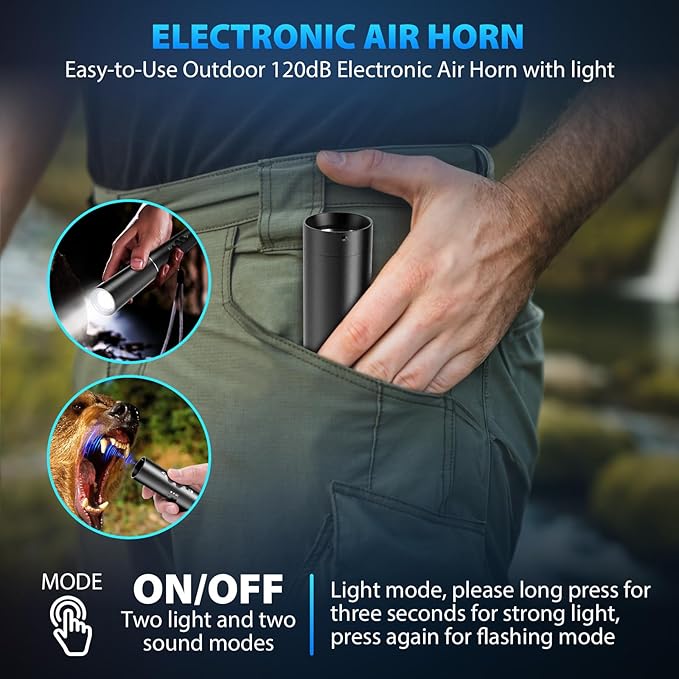 Electronic Bear Air Horn,120dB Bear Whistle with Flashlight Bear Spray self Defense 40 feet Hiking Emergency Whistle Can Replace Bear Bell