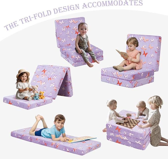 MeMoreCool Foldable Floor Mattress for Kids, Glow Butterfly Toddlers Trifold Nap Mat, Kids Folding Mattress Portable Sleeping Futon for Daycare or Floor Bed, 57x22 Inch Purple