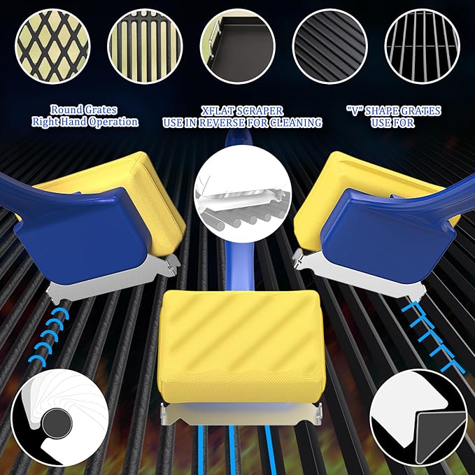 Blue Grill Brush Bristle Free, Replaceable BBQ Cleaning Head Accessories Cleaner, Yellow Wavy Pad Perfect for Stainless Steel, Porcelain, Cast Iron Grates Round Rectangle Grates