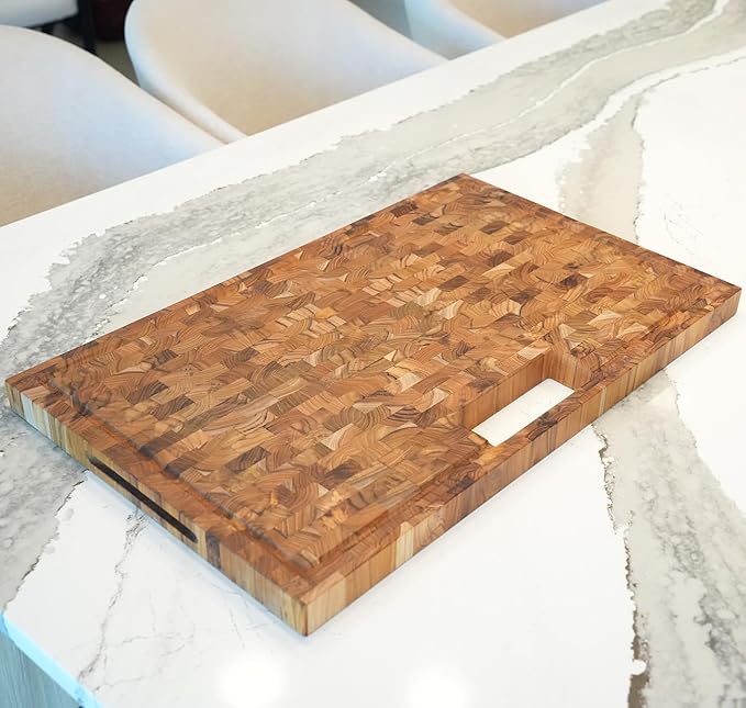 EcoDecors, Teak End Grain Cutting Board 29"x18", Solid FSC Teakwood Carving Board with Juice Groove, Handles & Waste Disposal, Butcher Block Cutting Board for Kitchen, BBQ, and Stove-Top Prep