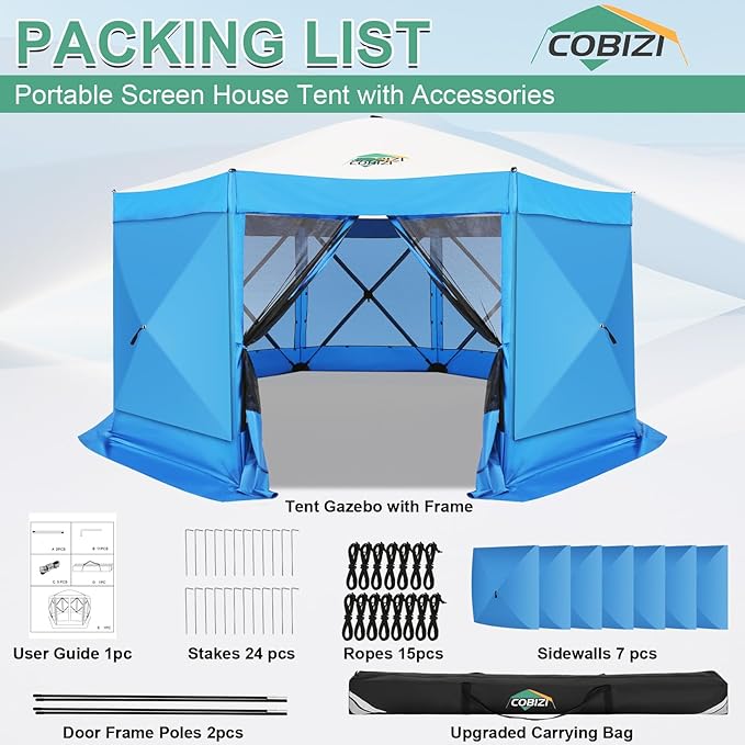COBIZI 15x15ft Extra Large Pop Up Gazebo Canopy Tent with Mosquito Netting, Spacious Easy Set-Up Screened Shelter, Durable Outdoor Pavilion with Ground Stakes, Perfect for Patio, Backyard, Blue