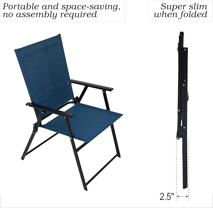 2 Pcs Folding Patio Chairs, Outdoor Dining Chairs with Blue Sling High Back and Armrests Used for Camping Garden Backyard Pool Porch