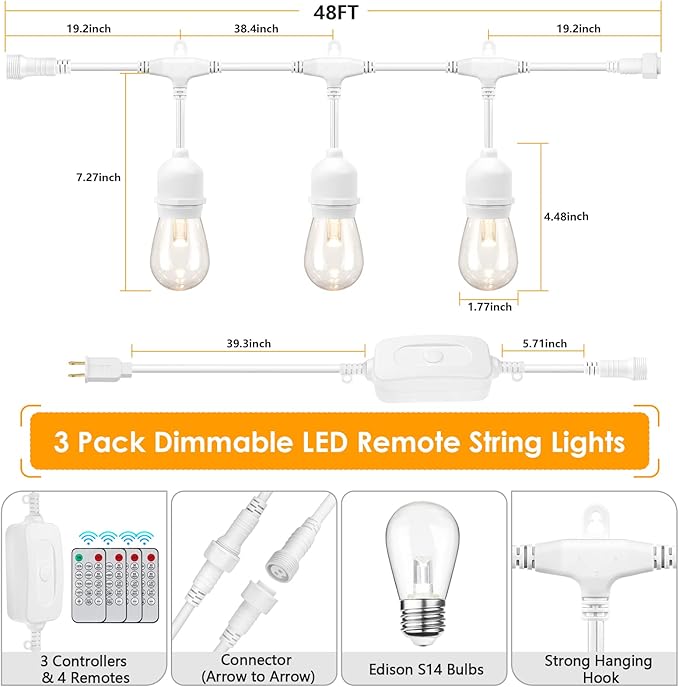 Mlambert 3 Color Outdoor LED Dimmable String Lights with Remote, Plug in 144FT(3x48FT) Waterproof Shatterproof LED Light for Patio Backyard-White Cord