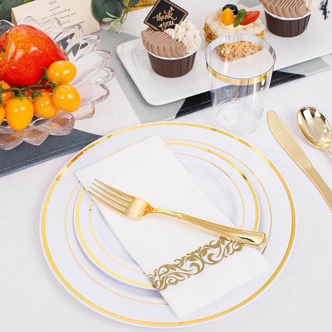 350 Pieces White and Gold Plastic Plates - 50 Guest Thanksgiving Dinnerware Set Include 100 Plates, 50 Plastic Silverware, 50 Napkins and 50 Cups for Thanksgiving