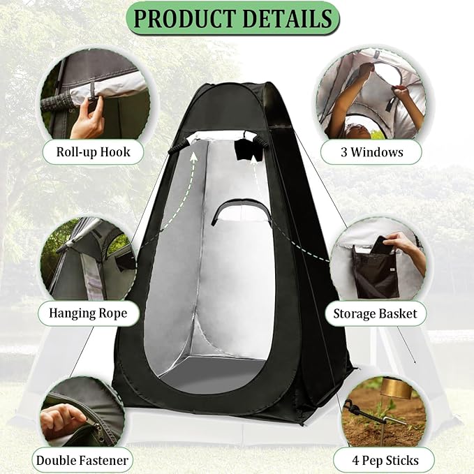 Taeku Pop Up Shower Tent, Large Privacy Dressing Room, Portable Sun Shade Canopy Outdoor Rain Shelters for Outdoor Shower, Toilet, and Changing Room (Black)