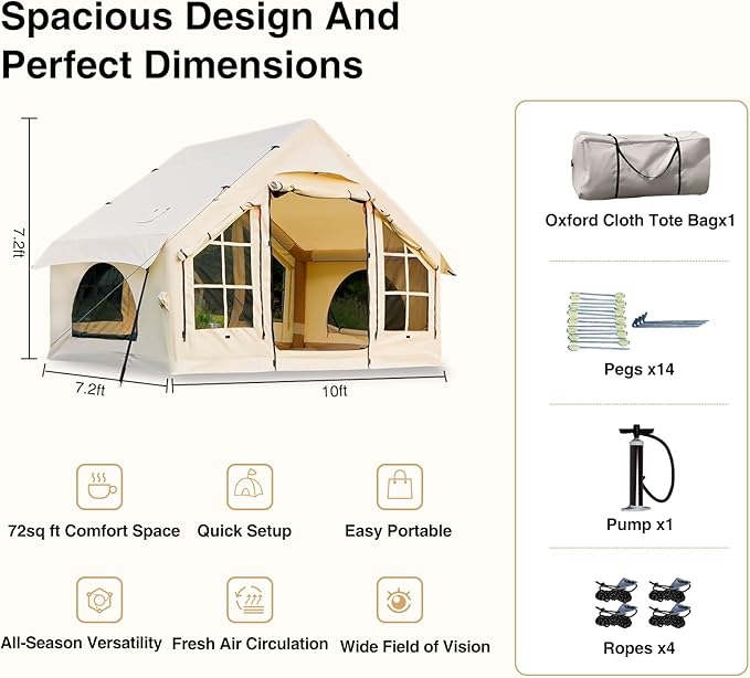 2025 Upgraded Waterproof Inflatable Camping Tent, Large Blow-Up Air Tent, No Assembly Needed Luxury Glamping House, Oxford Fabric