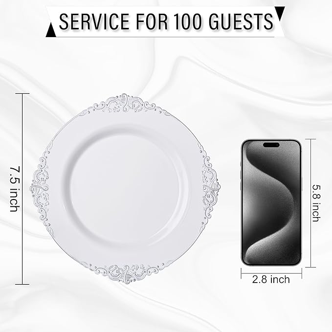 Nervure 100Pcs White and Silver Plastic Plates - 7.5 inch White Plastic Plates with Silver Rim - Disposable Dessert Plate for Wedding & Party