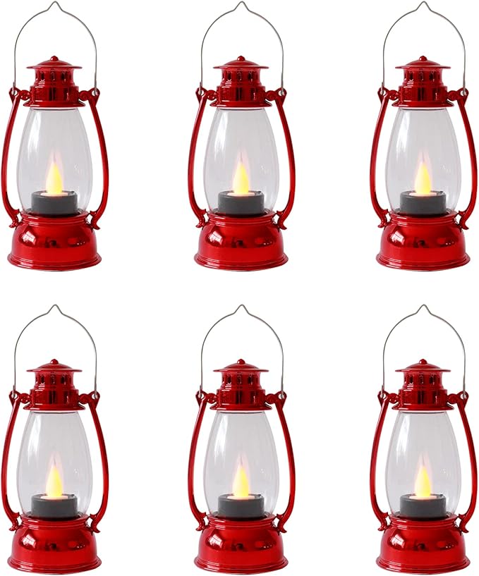 Mini Lanterns,12Pcs Red Lantern Decorative with Flickering LED Candle, Retro Small Hanging Lanterns, Christmas Table Centerpiece, Indoor Halloween Xmas Decorations, Camping Party Decor