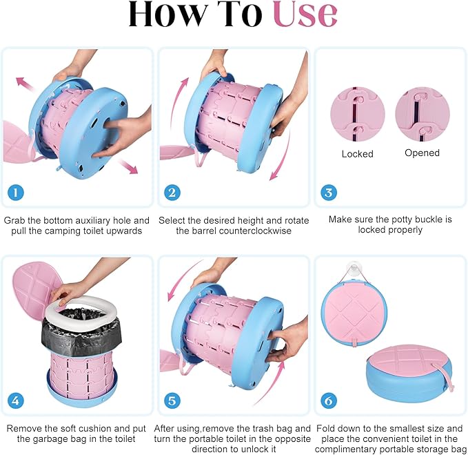 Inmorven Portable Toilet Camping Retractable Potty Adjustable Height Camp Potty for Adults Kids, Foldable Portable Toilet or Camping, Car, Travel, Boat, Beach, Tent and Emergency Use - Pink