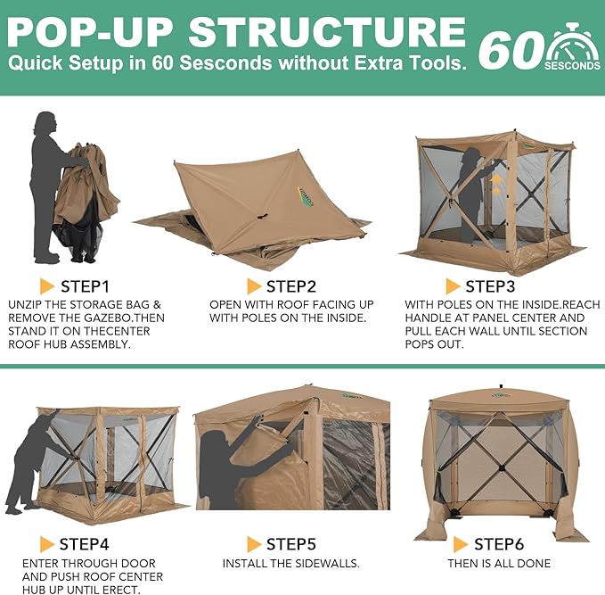 COBIZI 6x6 Pop up Gazebo Tent on Clearance, Ez up Waterproof Screen Tent Screen House with 3 sidewalls,Portable Outdoor Canopy with Carry Bag & Ground Stakes for Camping,Garden and Picnics, Khaki