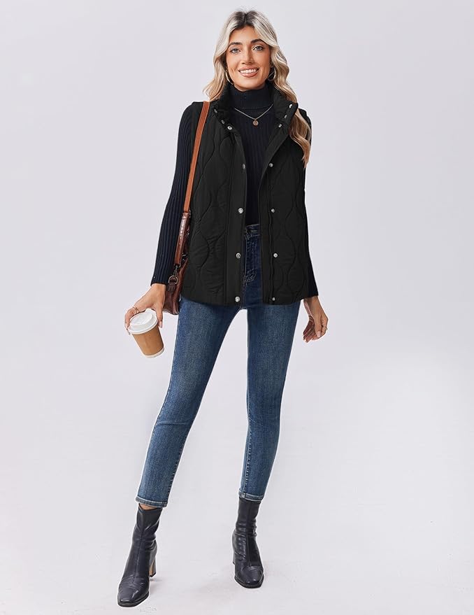 Zeagoo Puffer Vest Women Sleeveless Quilted Jacket Lightweight Snap Zip Up Stand-up Collar Down with Pockets Outerwear