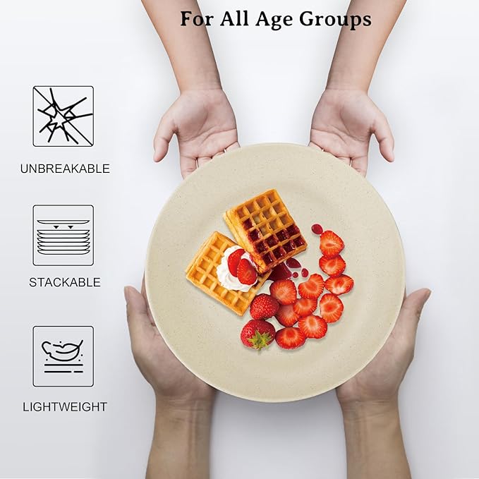 Wheat Straw Dinner Plates 9 Inch Unbreakable Set of 8 - Dishwasher & Microwave Safe Plastic Plates Reusable - Lightweight Plates for kitchen,camping,salad,appetizer - Beige