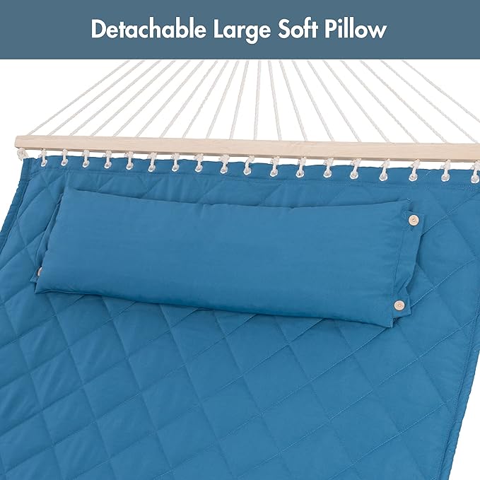 ANOW Double Hammock with 12 Feet Heavy Duty Steel Stand Combo, 2 Person Quilted Hammock with Stand for Outside, 450 LBS Weight Capacity, Blue