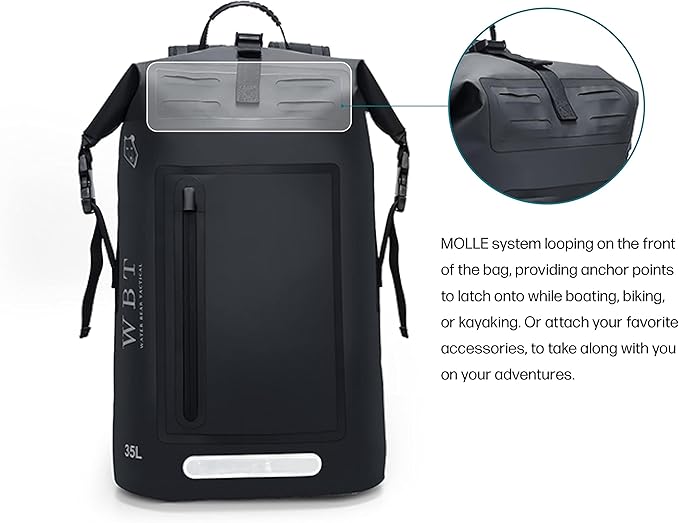 Water Bear Tactical Waterproof Backpack: Black 35L Rugged Roll-Top Closure with Waterproof Zipper front pocket and Cushioned Padded Back.(New Version) laptop sleeve inside
